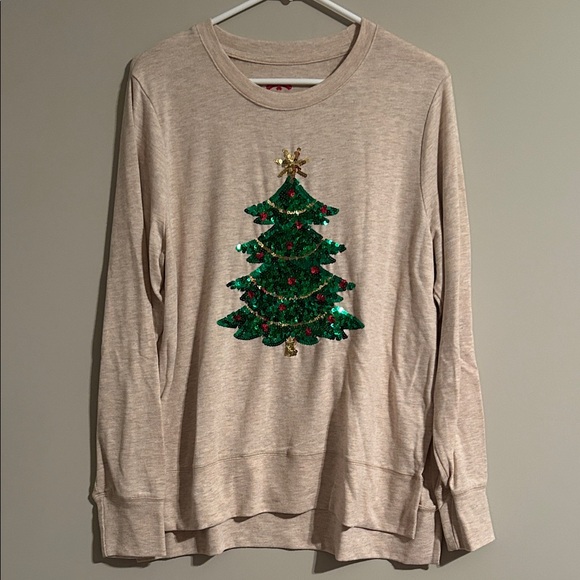 Holiday Time Sweaters - Holiday Time Beige Knit Christmas Tree Sequin Sweater